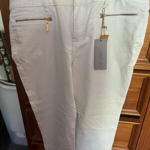 Jennifer Lopez Cream Straight-Leg Pants with Gold Zipper Detail